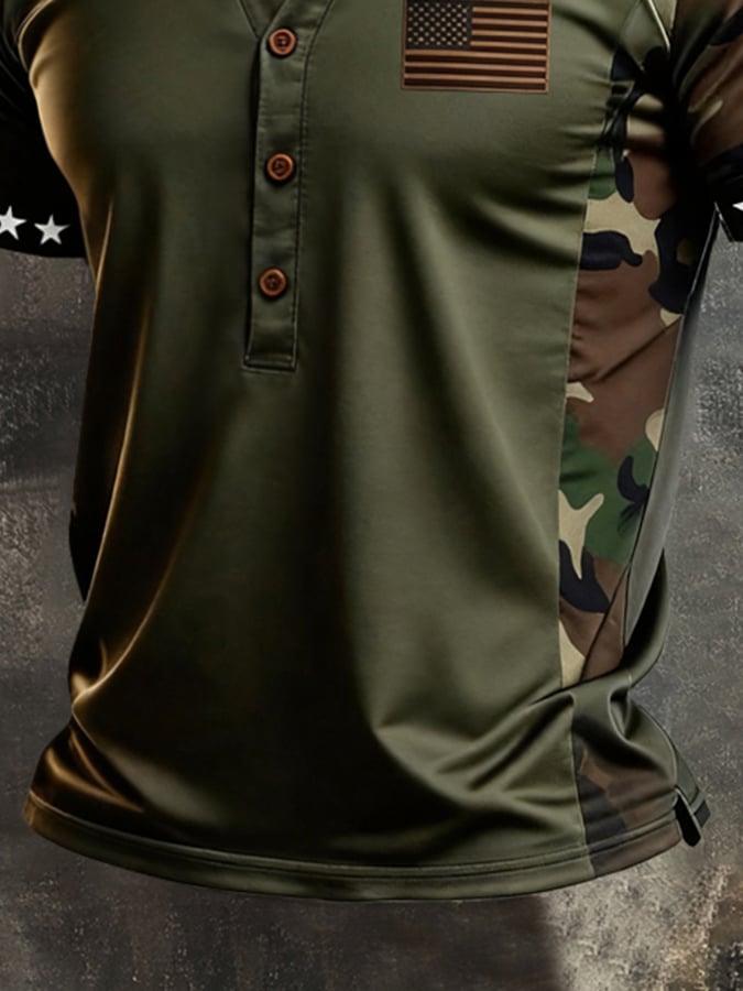 Men's Retro Patriotic Color-Block V-Neck Short-Sleeve T-Shirt