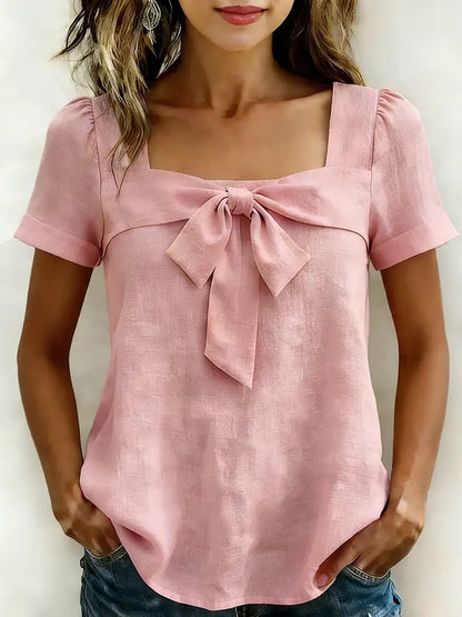 Women's Casual Bow Short Sleeves Cotton Shirt