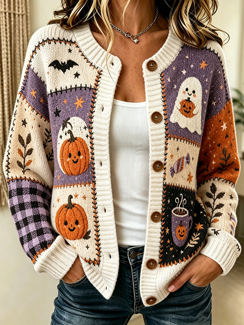 Women'S Casual Pumpkin Patchwork Printed Knitted Cardigan Top