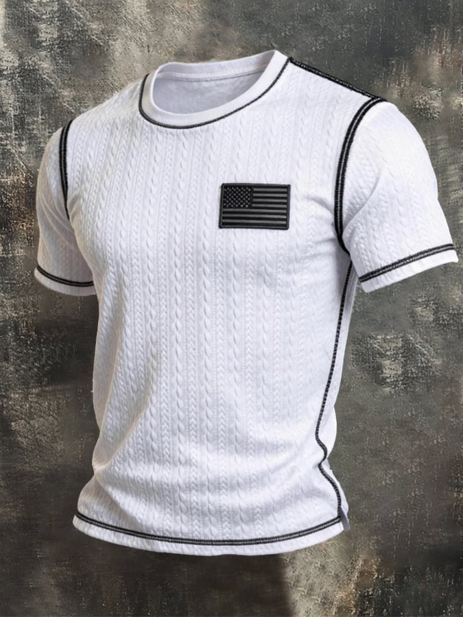 Men's Retro Color-Block Knitted T-Shirt with Textured Finish