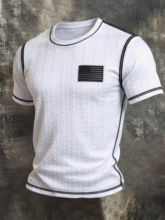 Men's Retro Color-Block Knitted T-Shirt with Textured Finish