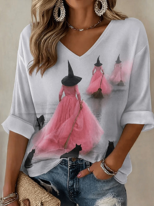 Women'S Pink Witch-Themed Waffle V-Neck Top