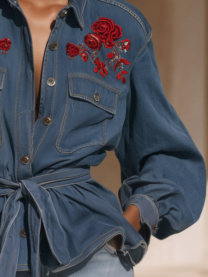 Casual Western Rose Embroidered Blue Denim Jacket