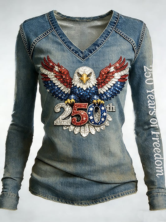 Women's distressed V-neck top with flag patchwork design
