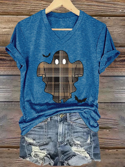 🔥HOT SALE🔥V-Neck Retro Halloween Ghost & Bats Flannel Plaid Print T-Shirt
