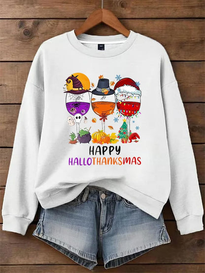 🔥HOT SALE🔥Women's Thanksgiving Wine Glass Art Printed Sweatshirt