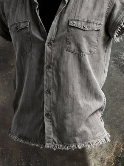 Men'S Retro Cotton-Linen Short-Sleeve Hoodie Shirt With Frayed Edges
