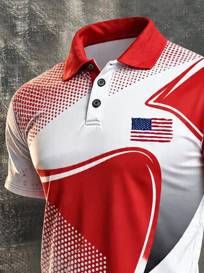 Men's Retro Patriotic Color-Block Short-Sleeve Polo Shirt
