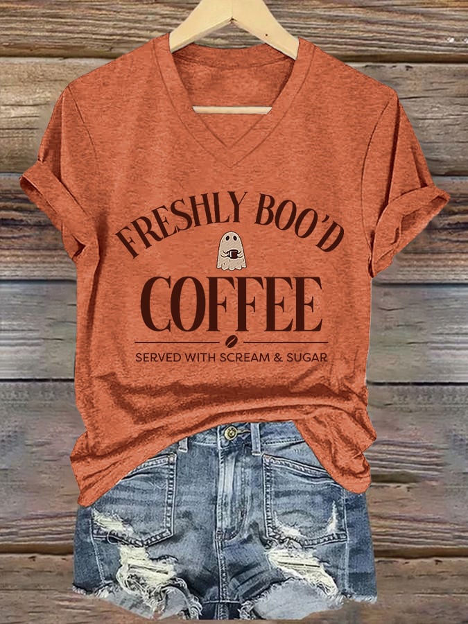🔥HOT SALE🔥V-Neck Retro Halloween Ghost Freshly Boo'd Coffee Served With Scream & Sugar Print T-Shirt
