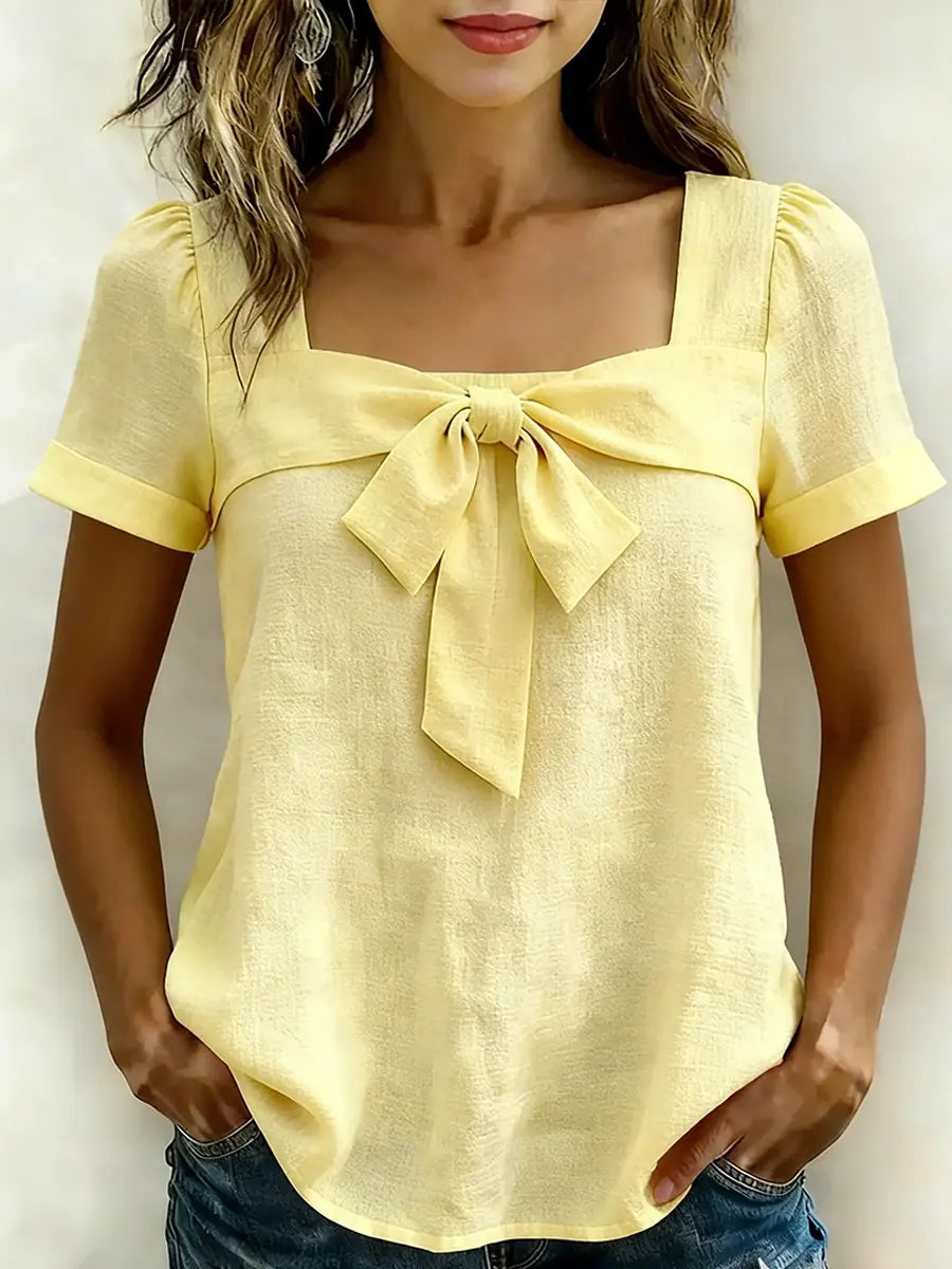 Women's Casual Bow Short Sleeves Cotton Shirt
