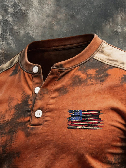 Men's Retro Patriotic Color-Block Short-Sleeve Henley T-Shirt