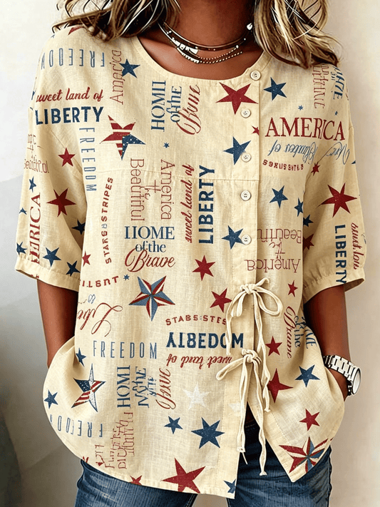 Women's Cotton Linen USA 250th Anniversary Print Shirt