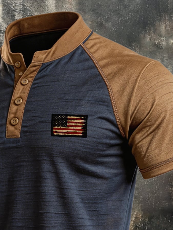 Men's Retro Slub Cotton Color-Block Henley T-Shirt with Stand Collar