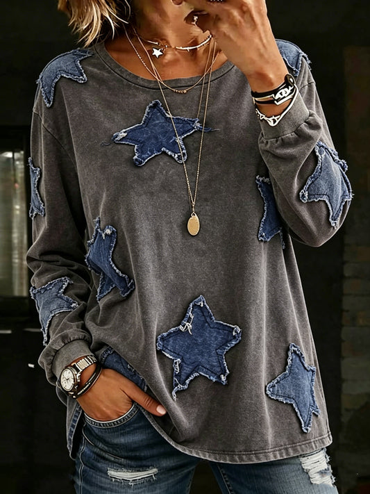 Vintage Denim Star Applique Long Sleeve Top