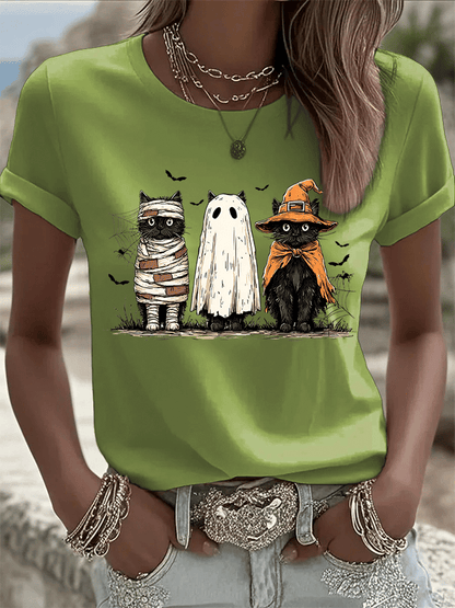 🔥HOT SALE🔥Women's Halloween Cat Print Crew Neck T-Shirt