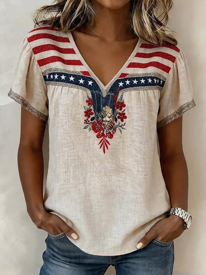 Women's Casual  Short-Sleeve Positioning Print Cotton-Linen Top