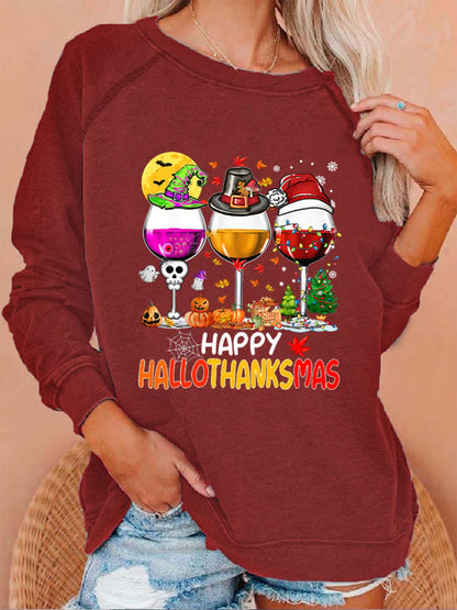 Women's Happy Hallothanksmas Wine Print Sweatshirt