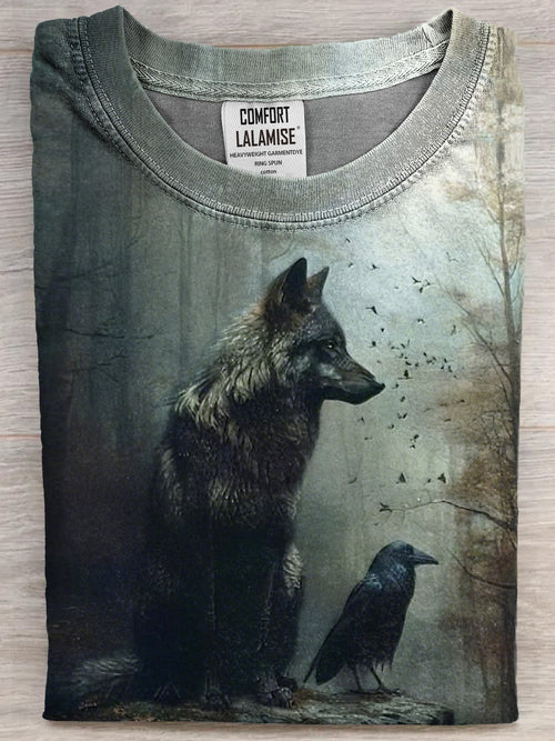 Funny Dark Wolf And Crow Art Print Casual Cotton Short Sleeve T-shirt