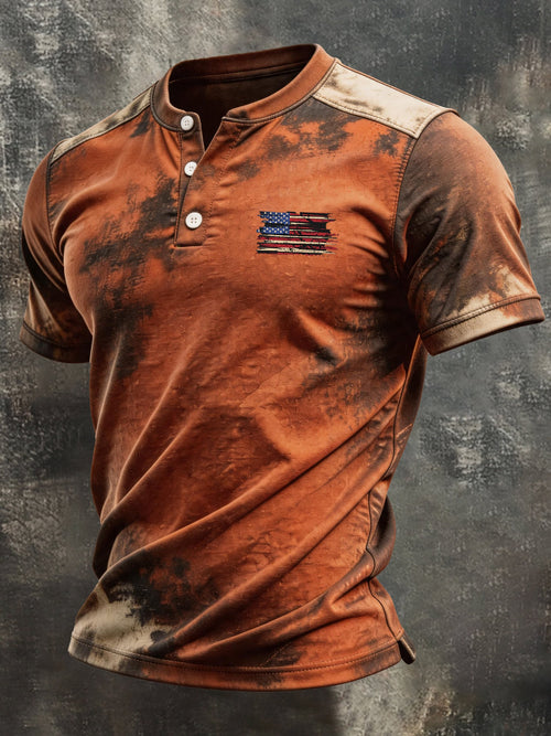 Men's Retro Patriotic Color-Block Short-Sleeve Henley T-Shirt