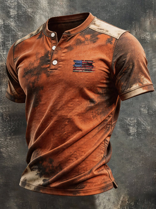 Men's Retro Patriotic Color-Block Short-Sleeve Henley T-Shirt