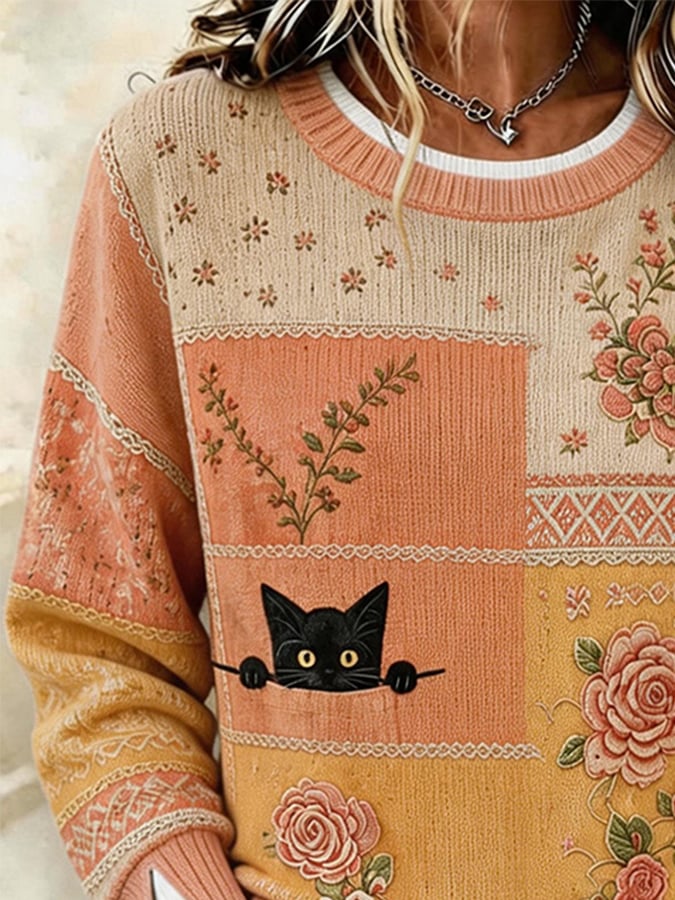 Women's Crew-Neck Printed Faux-Layered Pullover Sweatshirt