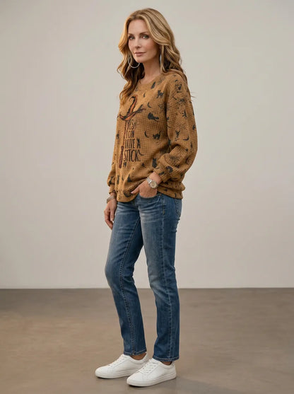 Women's Halloween Witch Broomstick Printed Waffle Knit Sweatshirt