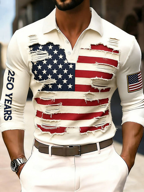 Men's 250th Anniversary of the Founding of the United States Printed Long-Sleeve Polo Shirt