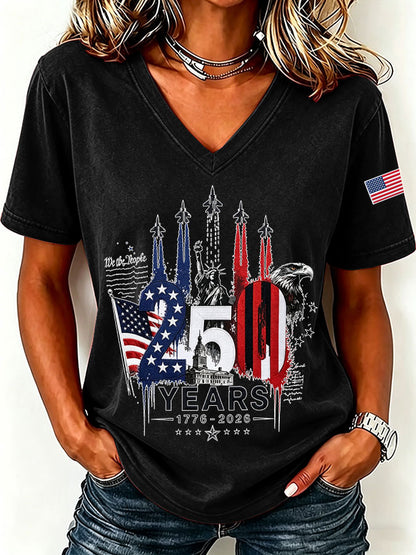 250Th Anniversary American Embroidery Commemorative V-Neck Short Sleeved T-Shirt