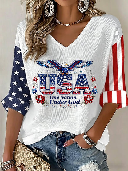 Women's USA 250 Years One Nation Under God Print V Neck Top