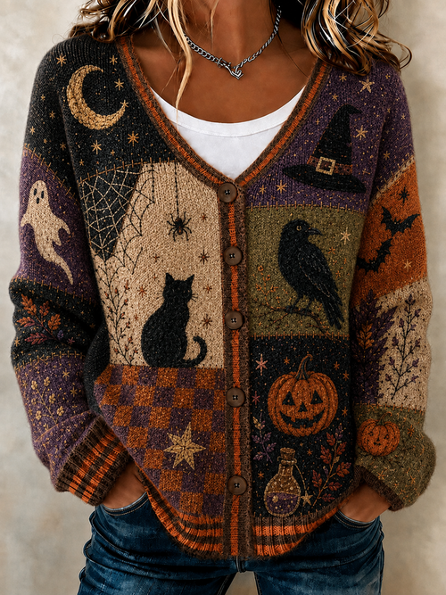 Women'S Retro Halloween Patchwork Print Casual Knit Cardigan