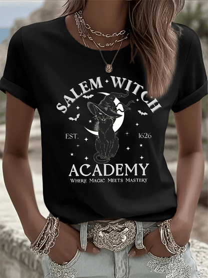 🔥HOT SALE🔥Women's Salem Witch Est. 1626 Academy Where Magic Meets Mastery Print Crew Neck T-Shirt