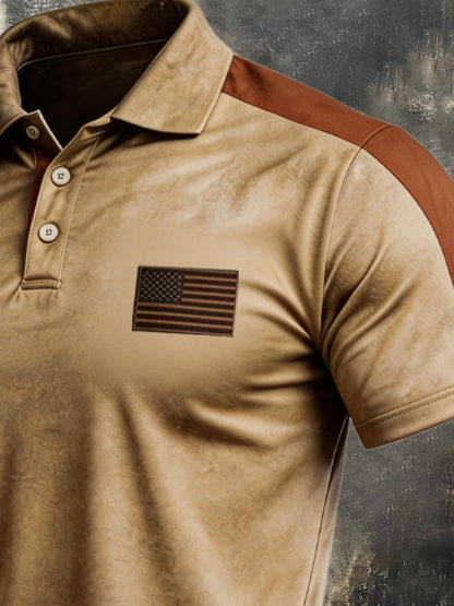 Men's Retro Patriotic Color-Block Short-Sleeve Polo Shirt