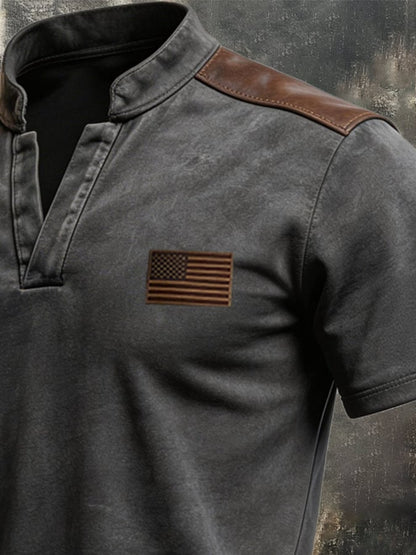 Men's Vintage 100% Cotton T-Shirt with Leather Paneling