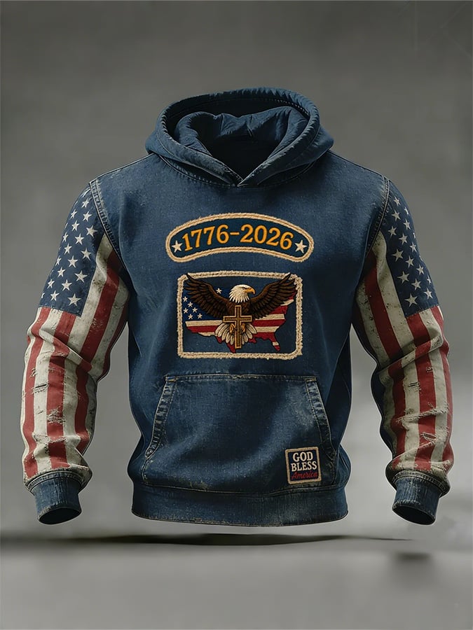 Men's Retro American 250th Anniversary Print Hooded Sweatshirt