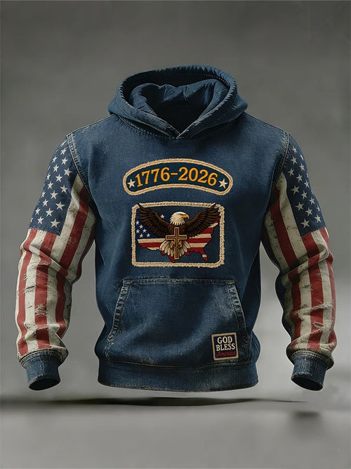 Men's Retro American 250th Anniversary Print Hooded Sweatshirt