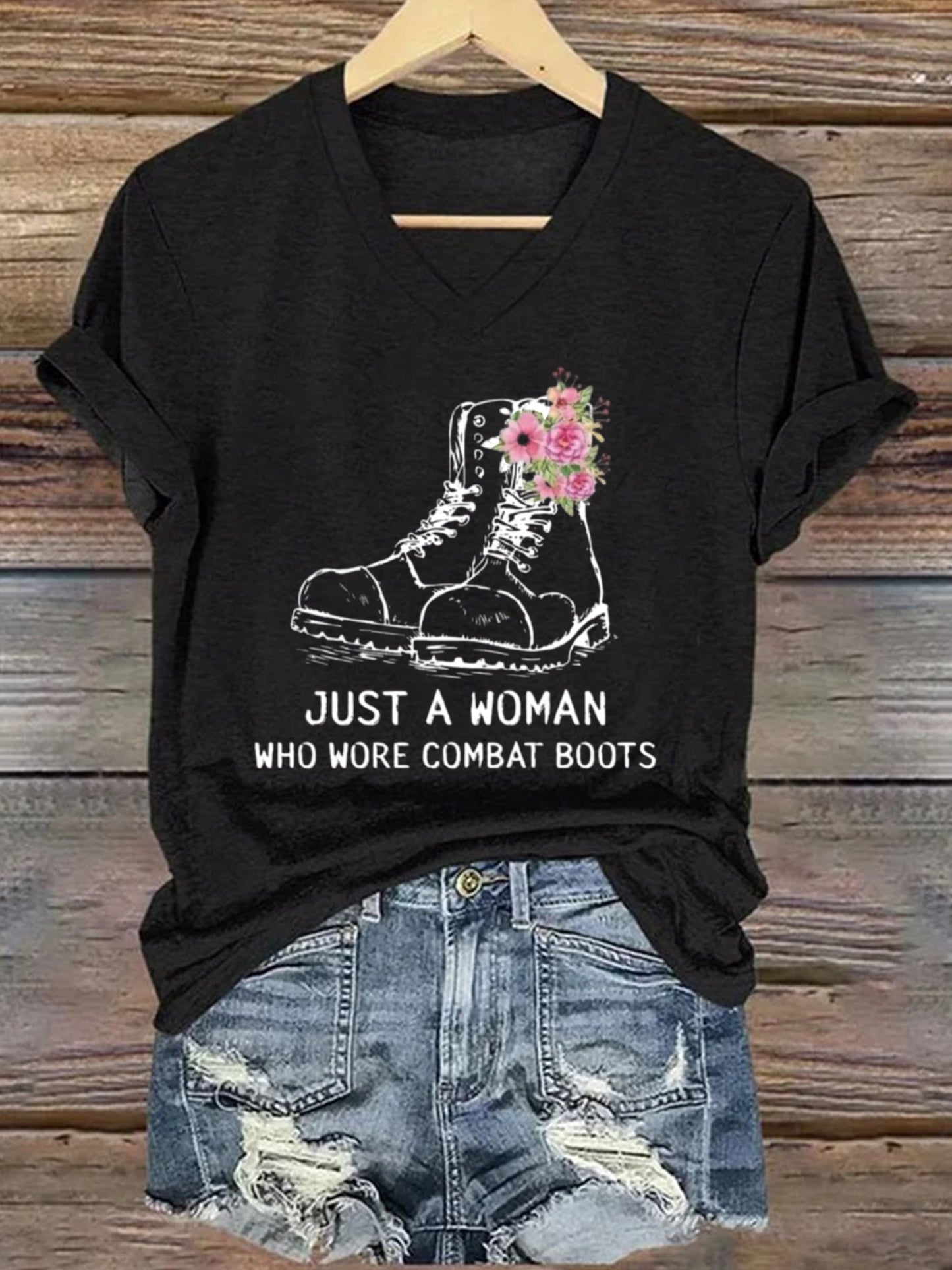 Women's Just A Woman In Combat Boots Printed Short-Sleeved T-Shirt