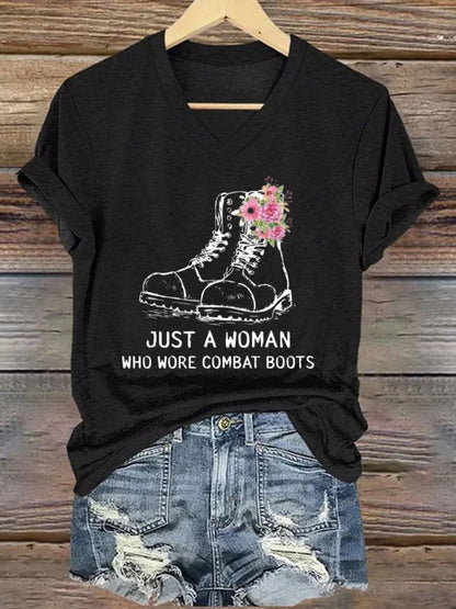 Women's Just A Woman In Combat Boots Printed Short-Sleeved T-Shirt