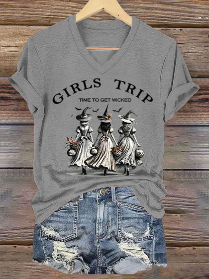 Women's Funny Halloween Witch Girls Trip Time To Get Wicked Casual V-Neck Tee