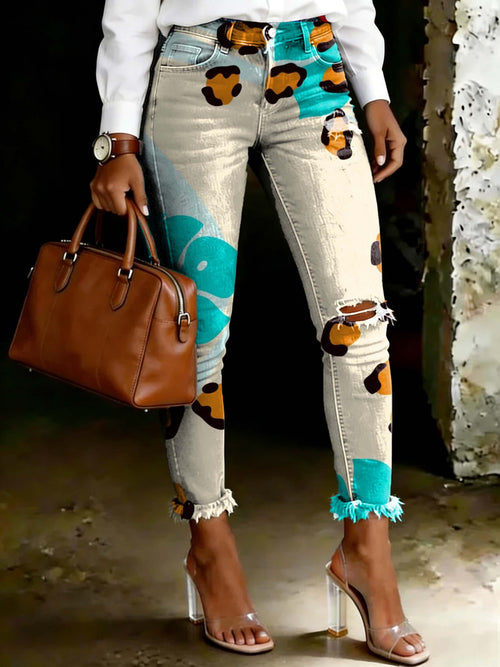 Women's Leopard Print Geometric Leaves Art Ripped Skinny Jeans