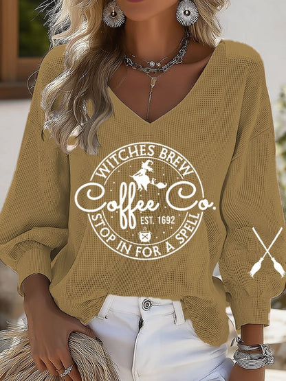 Women's Halloween Witches Brew Coffee Print Casual Puff Sleeve Top