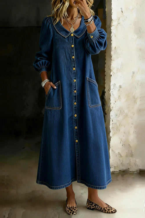 Women's Retro Peter Pan Collar Puff Sleeve Loose Long Denim Dress