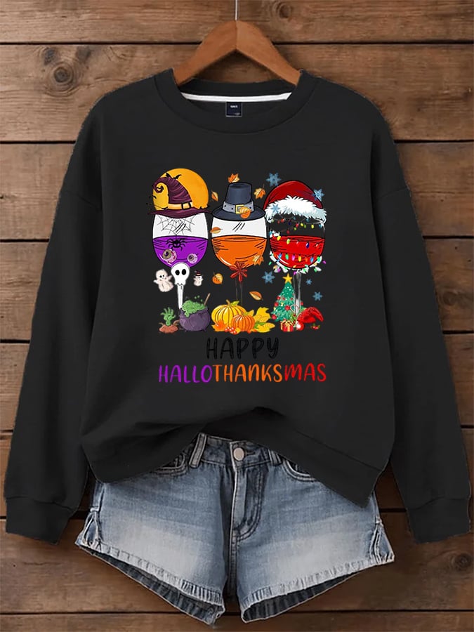 🔥HOT SALE🔥Women's Thanksgiving Wine Glass Art Printed Sweatshirt