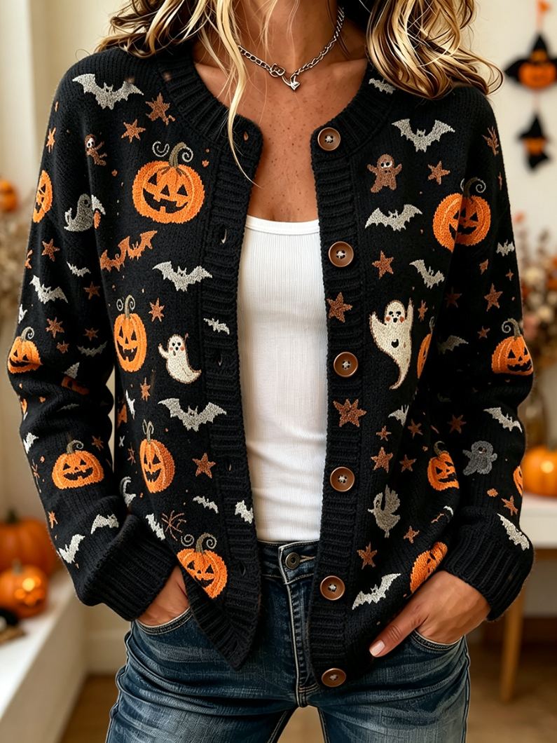 Women's Pumpkin Ghost Bat Fall Halloween Casual Knit Cardigan