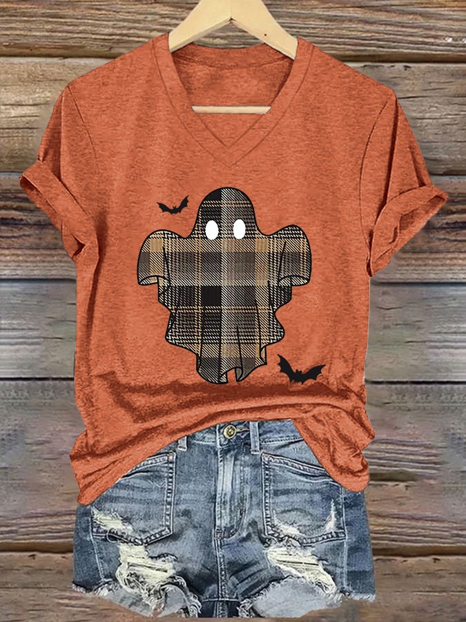 🔥HOT SALE🔥V-Neck Retro Halloween Ghost & Bats Flannel Plaid Print T-Shirt