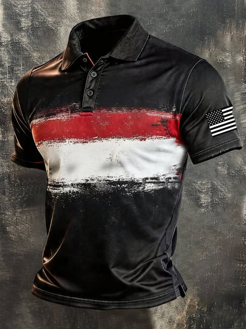 Men's Retro Patriotic Color-Block Short-Sleeve Polo Shirt