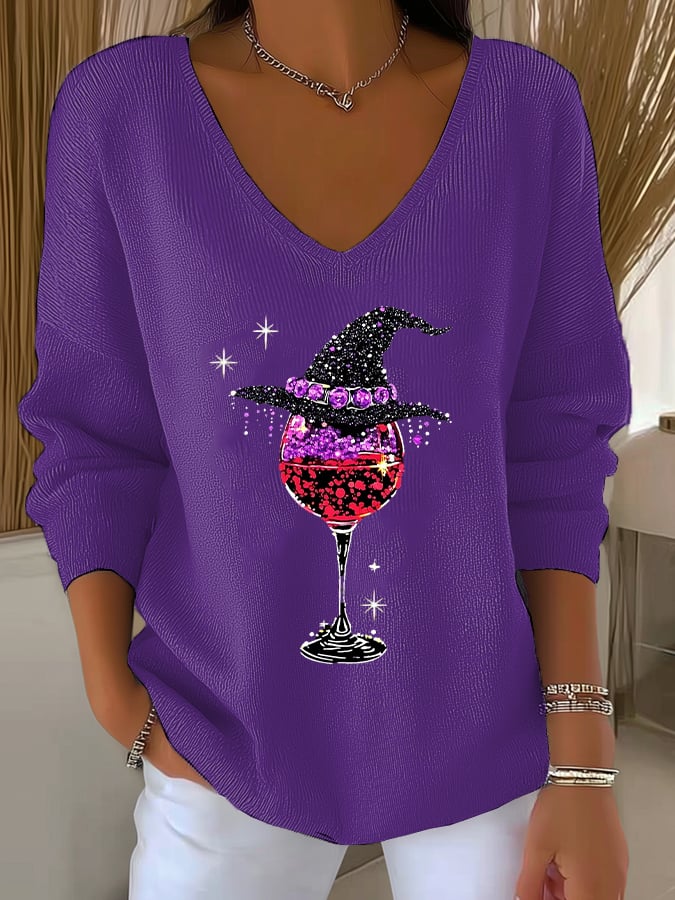 🔥HOT SALE🔥Women's Halloween Wine Glass Print V Neck Sweater
