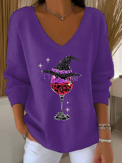 🔥HOT SALE🔥Women's Halloween Wine Glass Print V Neck Sweater