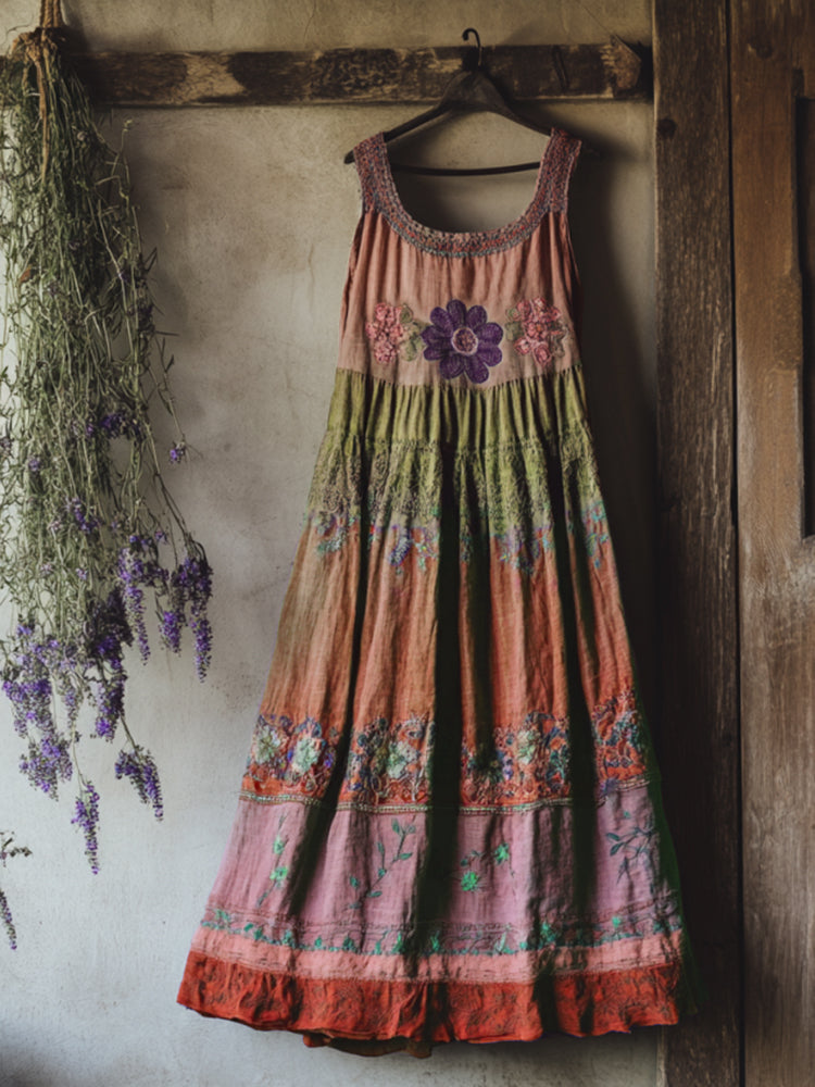 Vintage Bohemian Lavender Patchwork Art Printed Sleeveless  Cozy Linen Maxi Dress