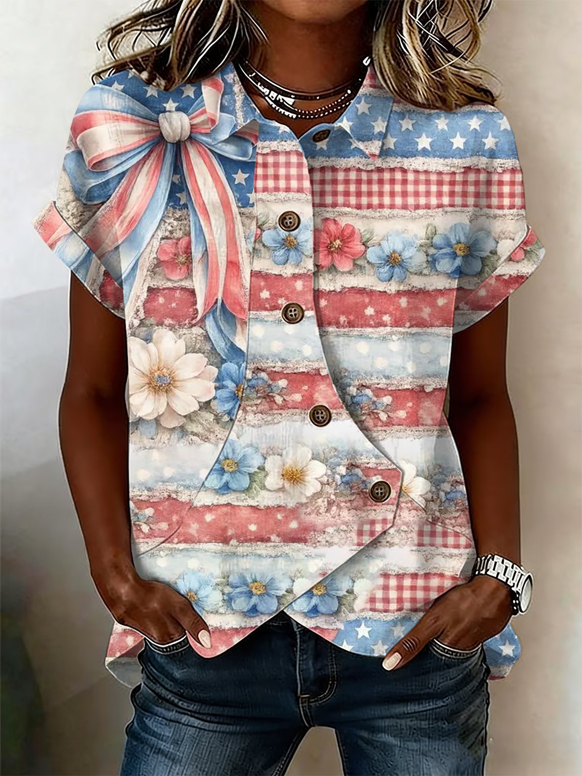 Women's Casual Retro Cotton-Linen Patriotic Shirt