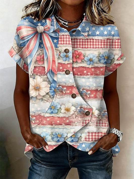 Women's Casual Retro Cotton-Linen Patriotic Shirt